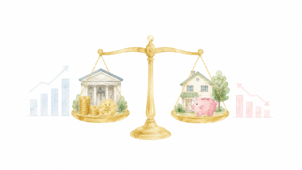 金利とは何か、日本銀行と暮らしのバランスを表すイラスト