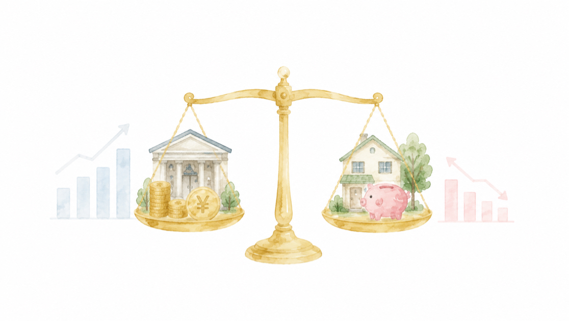 金利とは何か、日本銀行と暮らしのバランスを表すイラスト