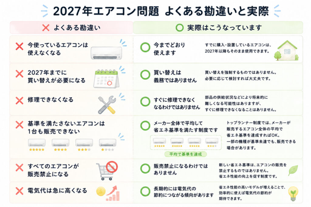 2027年のエアコン問題のよくある勘違いについて〇×で表にしたイラスト