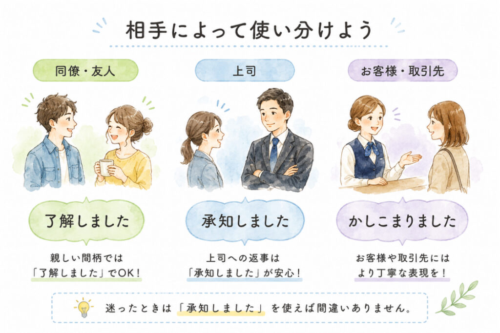 了解しました、承知しました、かしこまりましたの違いを相手ごとに表したイラスト
