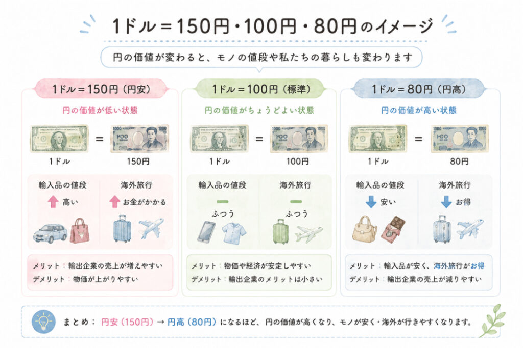 円高円安を1ドルいくらかで表したイラスト