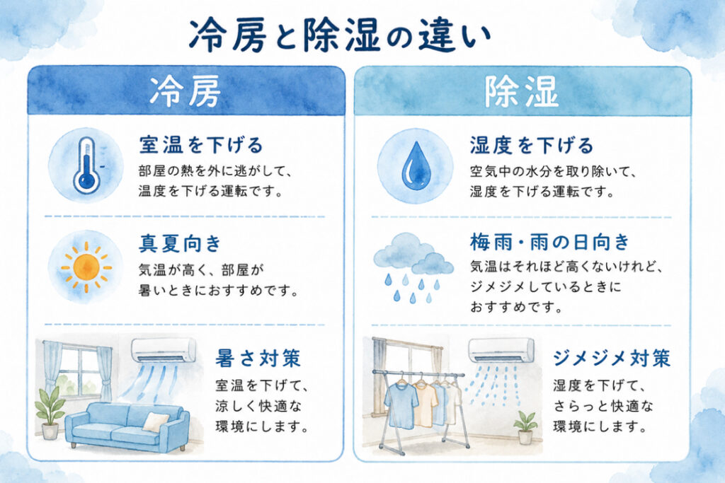 除湿と冷房の違いを比較するイラスト