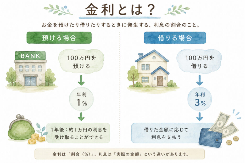 金利とは何か、預ける場合と借りる場合にわけて表したイラスト