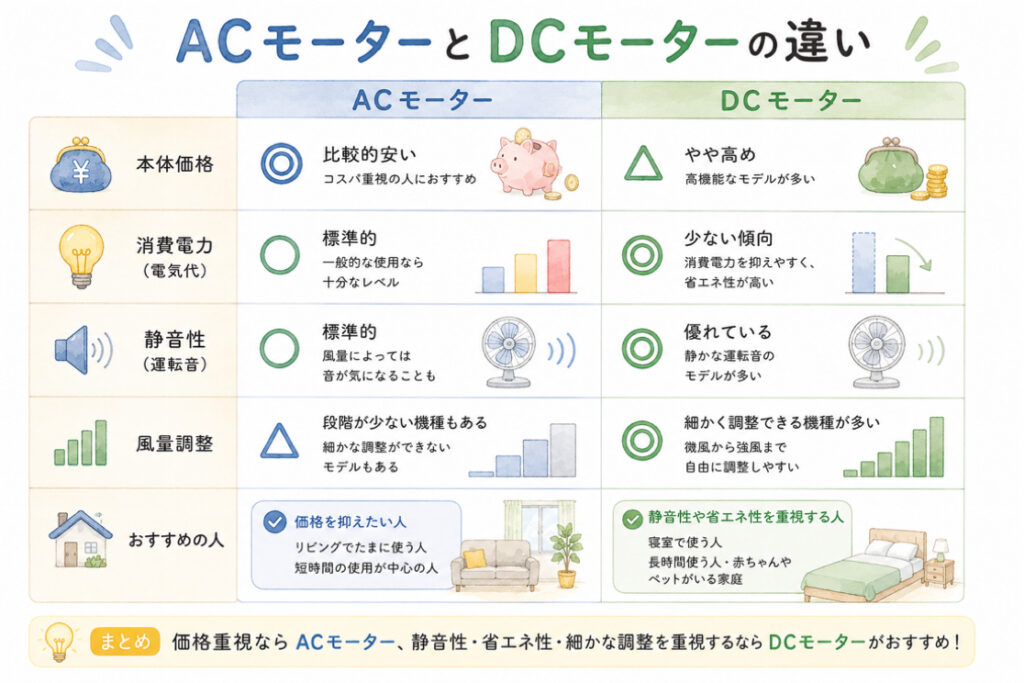 ACモーターとDCモーターの違いを表すイラスト