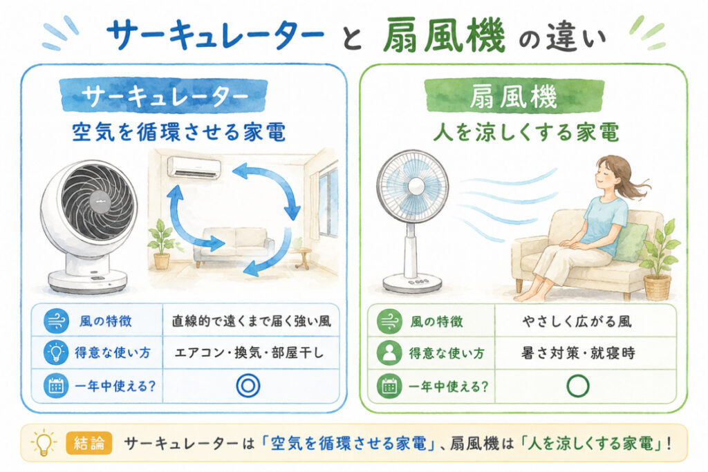 サーキュレーターと扇風機の違いを比較したイラスト