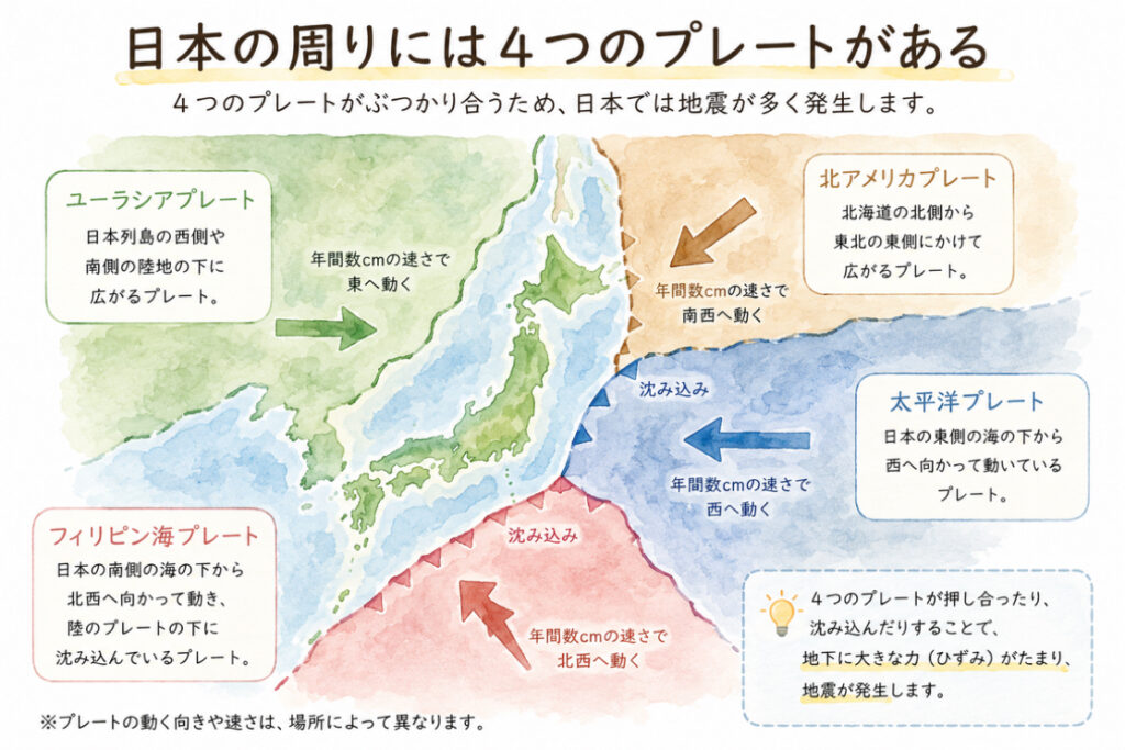 日本を囲む4つのプレートを表すイラスト
