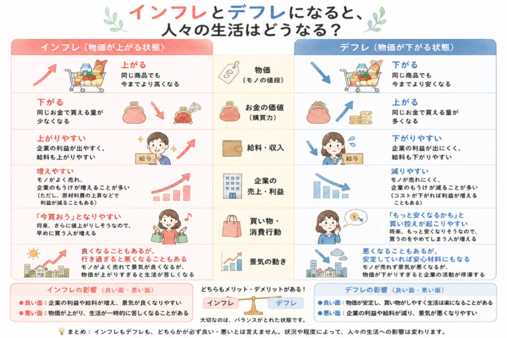インフレデフレで人々の生活はどうかわるのかを表すイラスト