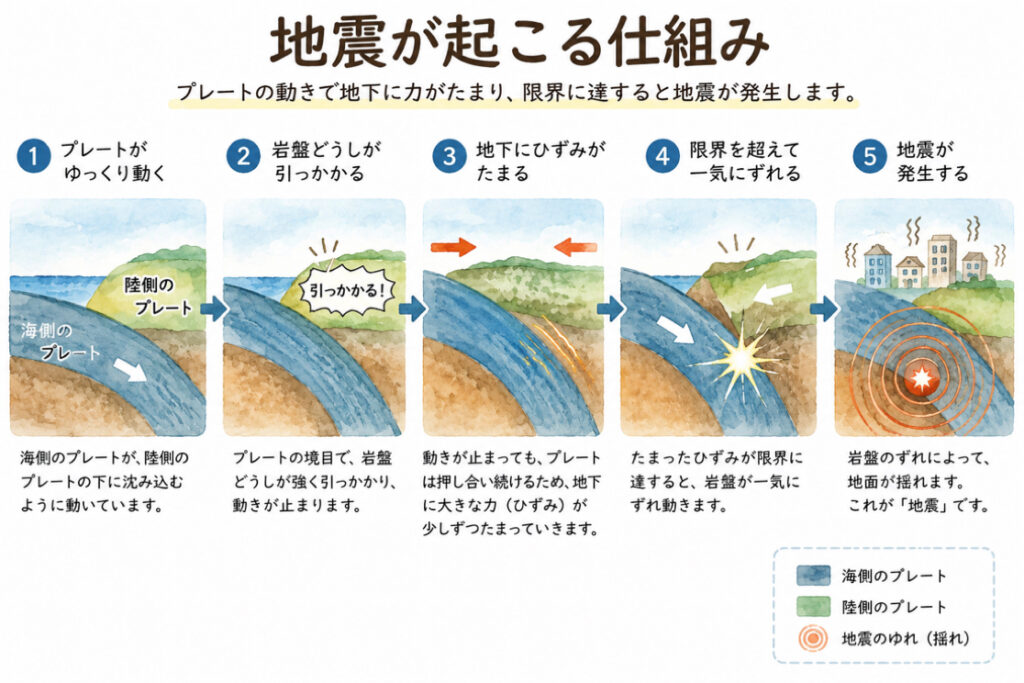 地震が起こる流れを図解したイラスト
