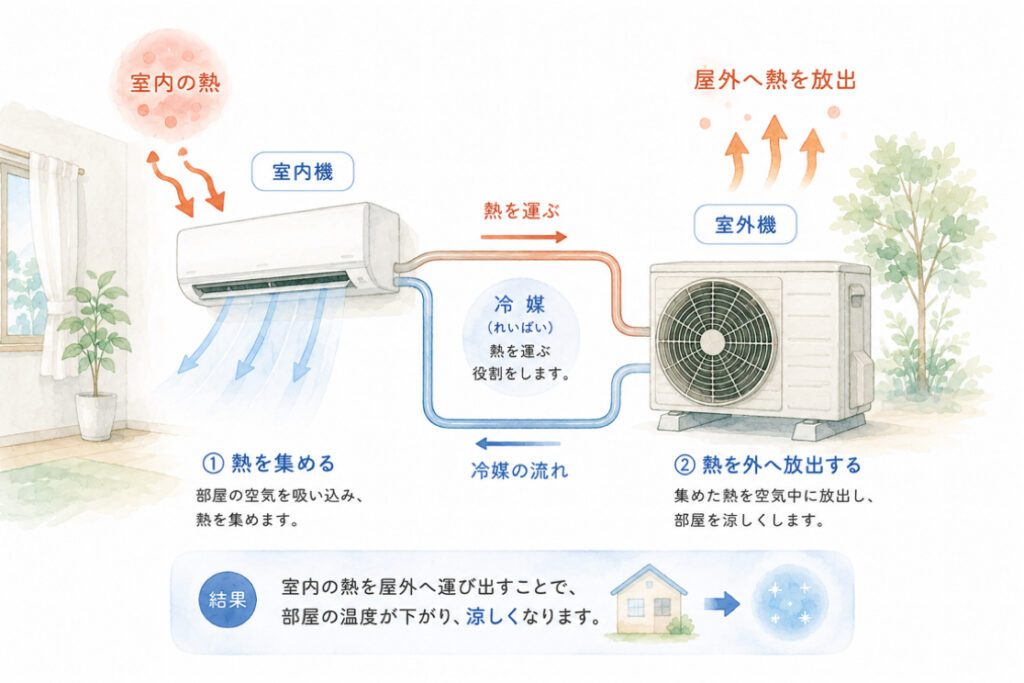 室内機と室外機の役割についてのイラスト