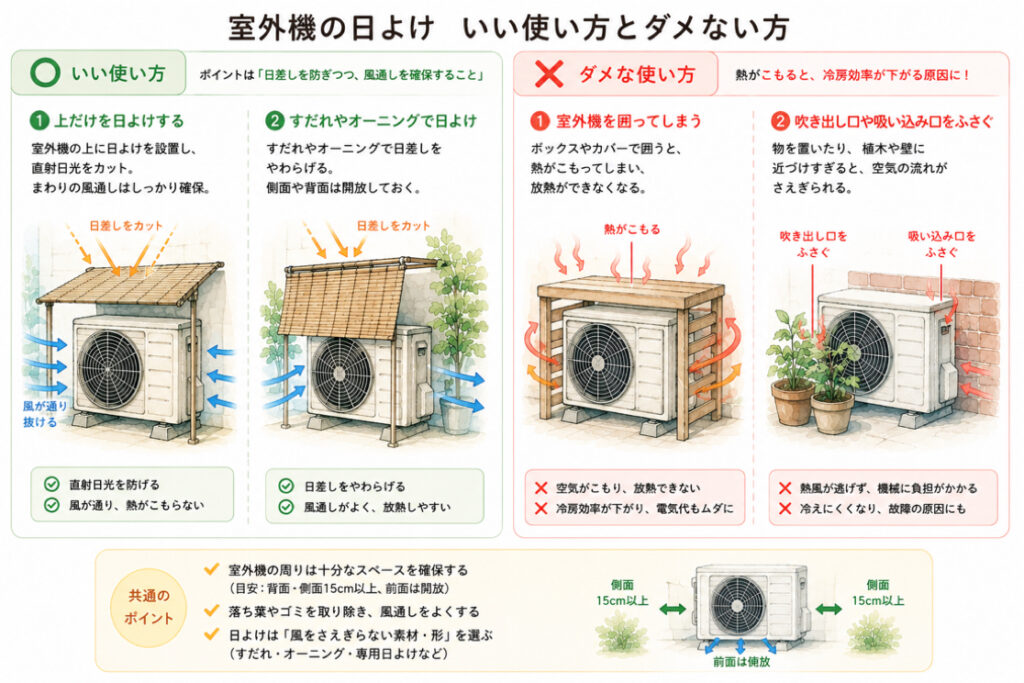 室外機の適切な日除けについてのイラスト
