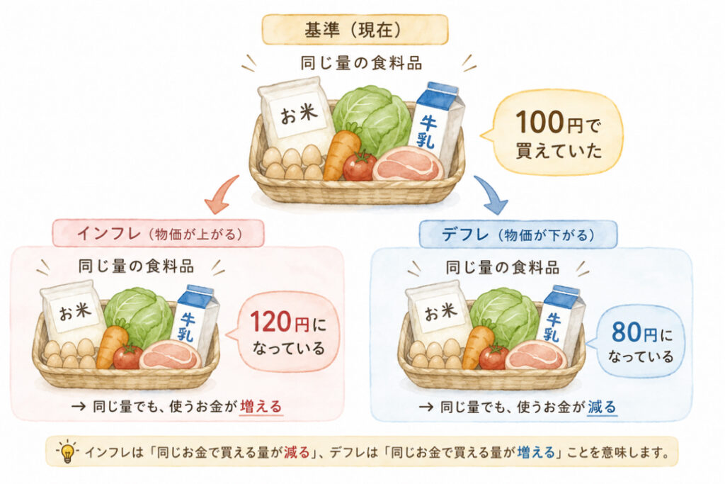 同じ量の商品をインフレ時デフレ時それぞれいくらで買えるか比較したイラスト