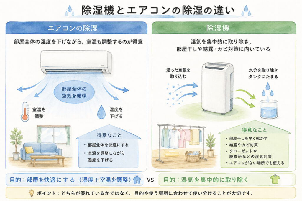 エアコンの除湿と除湿器の違いを表すイラスト