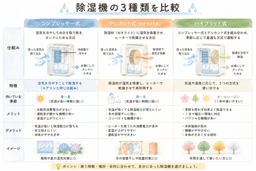除湿器の3種類の違いを比較したイラスト